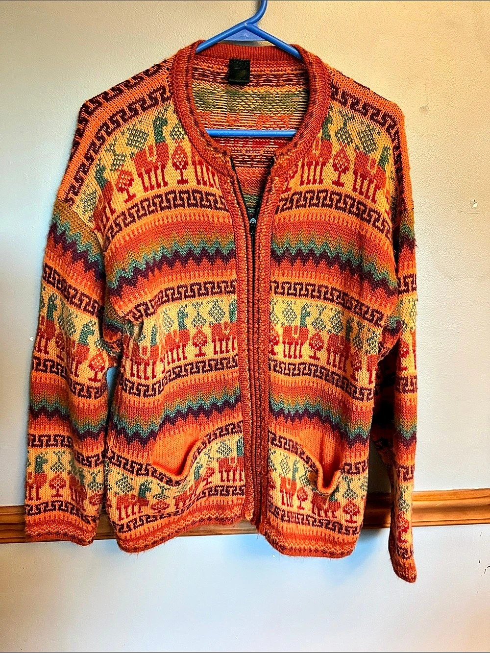 Vintage Peruvian Alpaca Wool Blend Full-Zip Llama Cardigan Sweater – Terracotta